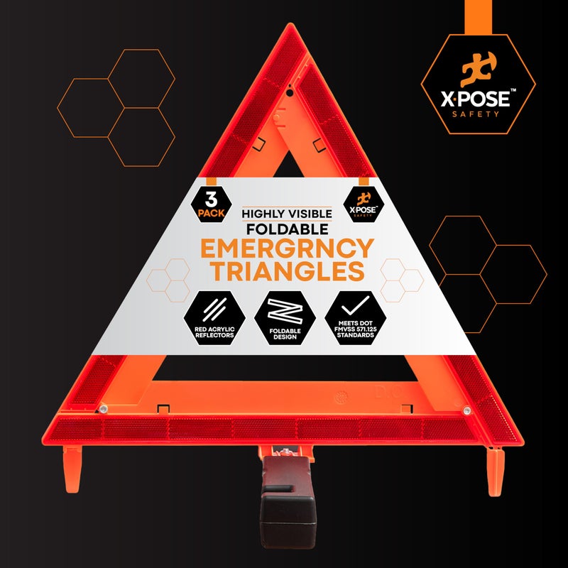 xpose safety مثلثات الطوارئ العاكسة للسلامة من إكسبوز - 1 مجموعة (3 مثلثات) - معتمدة من DOT كعلامات تحذير للسيارات على جانب الطريق - علامات رؤية خطر السيارات باللونين الأحمر والبرتقالي - Image 2